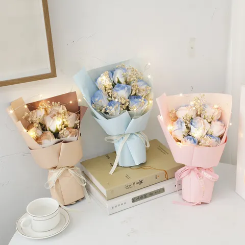 Valentine Day Soap Rose Gypsophila Bouquet With LED Light Gift Bag Romantic Birthday Artificial Flower Gift