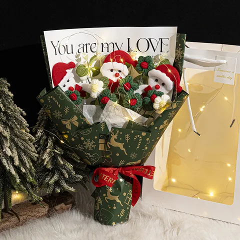 Handmade Knitted Wool Christmas Flower Bouquet Santa Claus Snowman With LED Light Bag Festive Gift Home Decor
