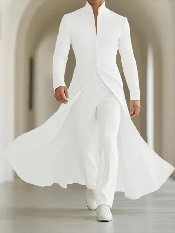 Men's Long Suit Jacket Polyester Stand-Up Collar Single Button Slim Fit A-Line Flared Banquet Dress Coat