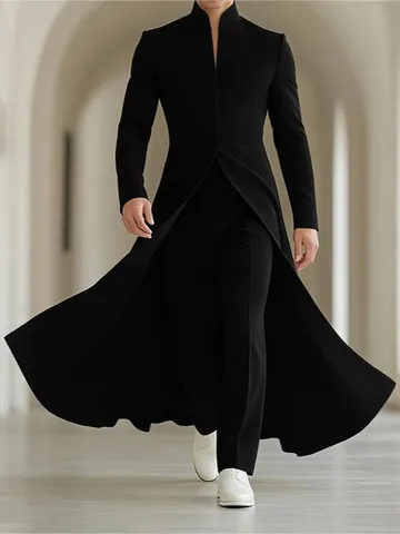 Men's Long Suit Jacket Polyester Stand-Up Collar Single Button Slim Fit A-Line Flared Banquet Dress Coat