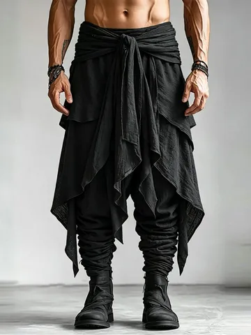 Men High Street Harem Pants Layered Knot Tie Waist Wrap Joggers Loose Casual Streetwear Trousers Polyester Solid Color