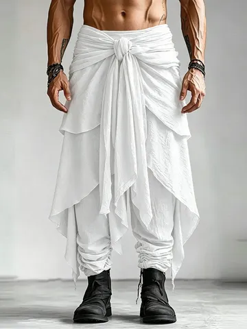 Men High Street Harem Pants Layered Knot Tie Waist Wrap Joggers Loose Casual Streetwear Trousers Polyester Solid Color