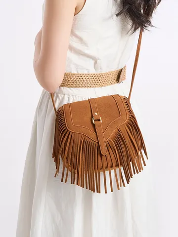 Femmes Vintage Bohème Gland Sac Bandoulière PU Cuir Mat Rabat Sac à Épaule Décontracté Quotidien Sac à Main