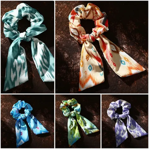 Stile Etnico Stampa Geometrica Tessuto Scrunchies Fiocco Lungo Nastro Elastici per Capelli Accessori per Capelli per Donne