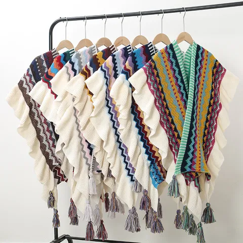 Scialle Lungo Lavorato a Maglia in Stile Etnico da Donna Ispessito Caldo Nappe Bordo Arricciato Mantello Viaggio Inverno Autunno Moda