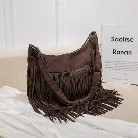 Sac Bandoulière Rétro à Glands en Cuir PU Sac Dumpling Décontracté Couleur Unie Gland Hobo Crossbody Sac à Main Mode