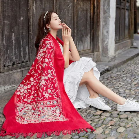 Sciarpa in Finta Cashmere Calda Invernale da Donna Stile Etnico Ricamo Floreale Nappe Scialle Lungo Morbido Sciarpa alla Moda