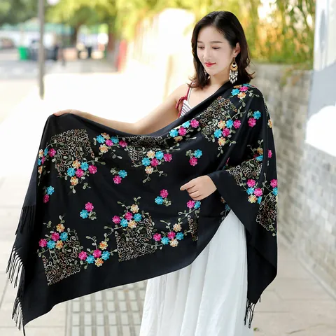 Donna Inverno Caldo Etnico Ricamato Poliestere Sciarpa Scialle Frangia Nappa Lungo Versatile Viaggio Moda Collo