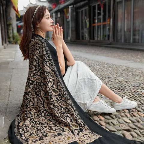 Sciarpa Calda Invernale in Imitazione Cashmere da Donna Stile Etnico Ricamo Paisley Nappe Lungo Scialle Quotidiano All'Aperto