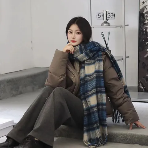 Sciarpa Lunga in Mohair a Quadri Calda Invernale per Donna Blocco di Colore Frangia Accessori di Moda Casual