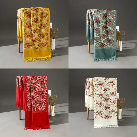 Donna Inverno Caldo Finto Cashmere Sciarpa Stile Etnico Paisley Floreale Ricamato Nappe Lungo Scialle Avvolgere Per Viaggio Quotidiano