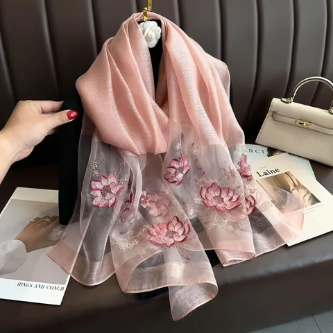 Sciarpa Lunga in Seta da Donna Ricamata Loto Floreale Misto Seta Lana Scialle Elegante Stile Etnico