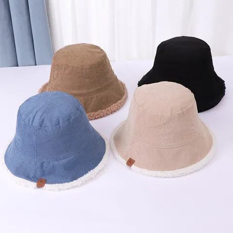 Cappello da Pescatore Invernale Caldo in Lana d'Agneau e Corduroy da Donna Double Face Casual Moda
