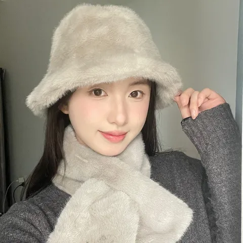 Donna Inverno Spesso Caldo Peluche Secchio Cappello E Sciarpa Set Tinta Unita Finta Pelliccia Pescatore Berretto Casual Caldo