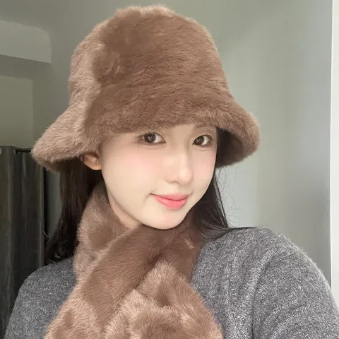 Donna Inverno Spesso Caldo Peluche Secchio Cappello E Sciarpa Set Tinta Unita Finta Pelliccia Pescatore Berretto Casual Caldo