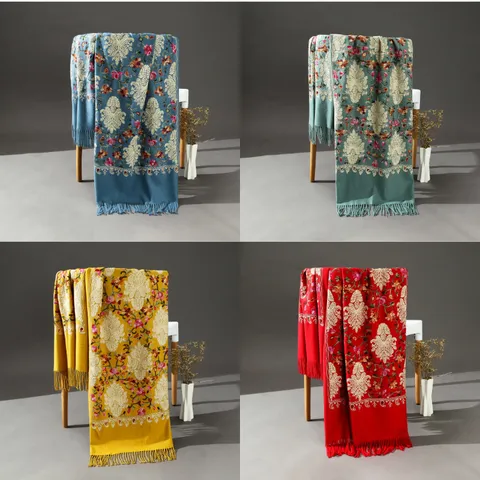 Donna Inverno Caldo Imitazione Cashmere Sciarpa Etnico Floreale Ricamo Frangia Lungo Scialle Viaggio Retro Casual Sciarpa