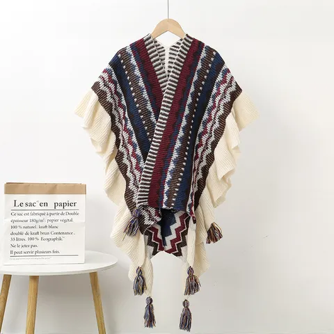 Scialle Lungo Lavorato a Maglia in Stile Etnico da Donna Ispessito Caldo Nappe Bordo Arricciato Mantello Viaggio Inverno Autunno Moda