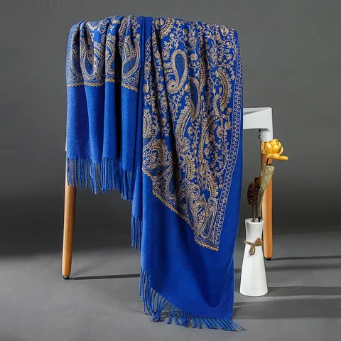 Sciarpa Calda Invernale in Imitazione Cashmere da Donna Stile Etnico Ricamo Paisley Nappe Lungo Scialle Quotidiano All'Aperto