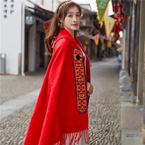Scialle con Cappuccio in Finto Cashmere da Donna Vintage Etnico Frangia Poncho Mantella Calda Inverno Viaggio Coperta Sciarpa