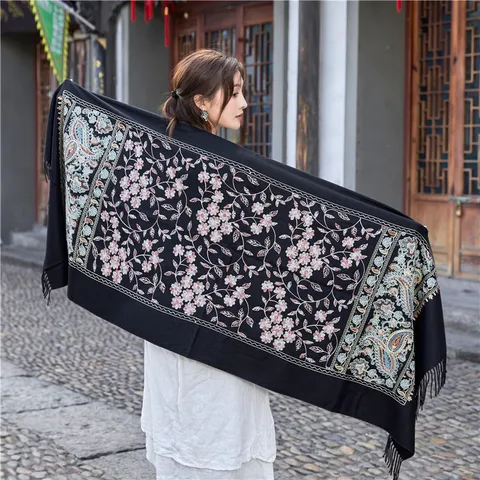 Sciarpa in Finta Cashmere Calda Invernale da Donna Stile Etnico Ricamo Floreale Nappe Scialle Lungo Morbido Sciarpa alla Moda