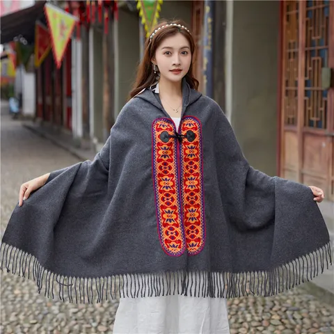 Scialle con Cappuccio in Finto Cashmere da Donna Vintage Etnico Frangia Poncho Mantella Calda Inverno Viaggio Coperta Sciarpa