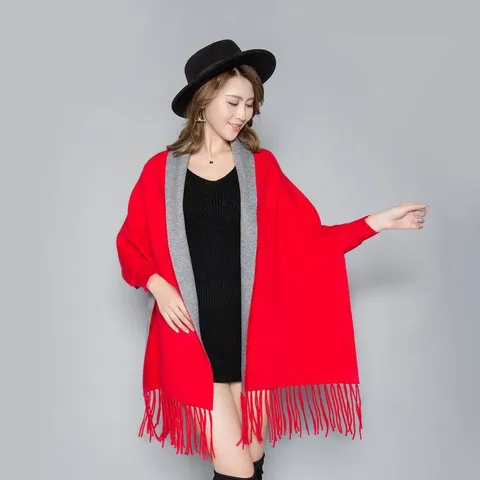 Donna Inverno Caldo Imitazione Cashmere Scialle Mantella Reversibile Nappe Spacco Maniche Mantello Colore Solido Moda