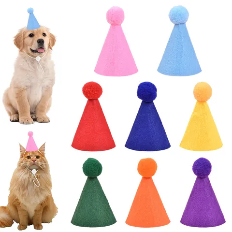Cappello di Compleanno per Animali Domestici in Feltro con Pompon Cordino Elastico Regolabile per Gatti Cani di Piccola Taglia