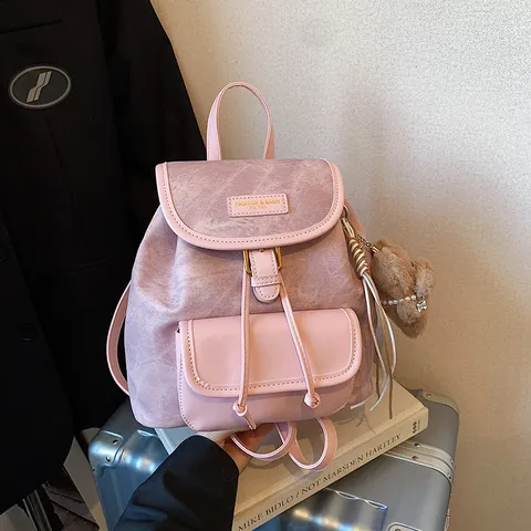 Damen Casual Canvas PU Leder Patchwork Rucksack Vintage Schule Reise Büchertasche Tagesrucksack Mit Optionalem Süßen Bären-Anhänger