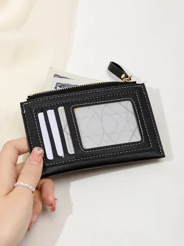 Portefeuille Court Minimaliste en Cuir PU pour Femmes Porte-Monnaie Slim Mini Fermeture Éclair Multi-Fentes Pochette