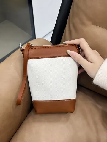 Sac Bandoulière Patchwork Couleur De Contraste Rétro Pour Femmes Mode Cuir PU Et Toile Sac À Main Quotidien