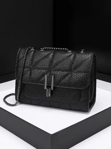 Sac Bandoulière Mode Femme Matelassé avec Chaîne en Cuir PU Sac Casual Quotidien Noir