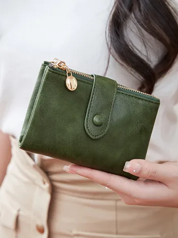 Portefeuille Trispil En Cuir PU Minimaliste Pour Femmes Porte-Monnaie Court Multifonctionnel Avec Double Fermeture Éclair Fentes Pour Cartes