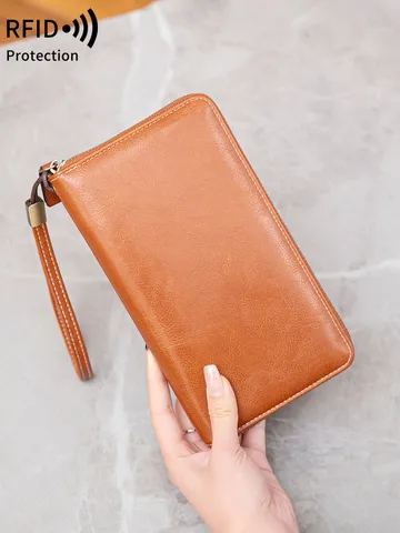 Portefeuille Long RFID pour Femme Vintage Cuir PU Pochette Fermeture Éclair Emplacements Multiples pour Cartes Sac à Main Poignet Grande Capacité