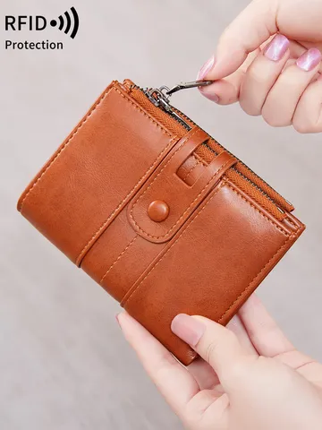 Portefeuille Court Rétro en Cuir PU pour Femmes Blocage RFID Fentes Multi-Cartes Porte-Monnaie à Fermeture Éclair Mode