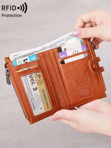 Portefeuille Court Rétro en Cuir PU pour Femmes Blocage RFID Fentes Multi-Cartes Porte-Monnaie à Fermeture Éclair Mode