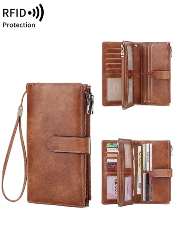 Portefeuille Long Trispli Anti-RFID pour Femmes en Cuir PU Vintage Grande Capacité Pochette à Main avec Lanière
