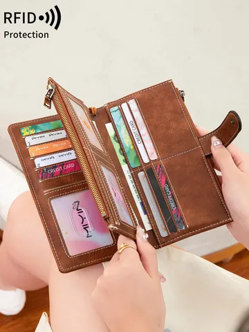 Portefeuille Long Trispli Anti-RFID pour Femmes en Cuir PU Vintage Grande Capacité Pochette à Main avec Lanière