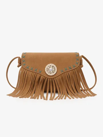 Femme Vintage Bohème Sac Bandoulière PU Cuir Enveloppe Sac Épaule Ethnique Gland Strass Rabat Portefeuille