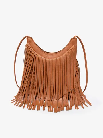Sac Bandoulière en Cuir PU Vintage pour Femmes Sac à Épaule à Glands Mode Rétro Couleur Unie Sac à Main Quotidien Décontracté