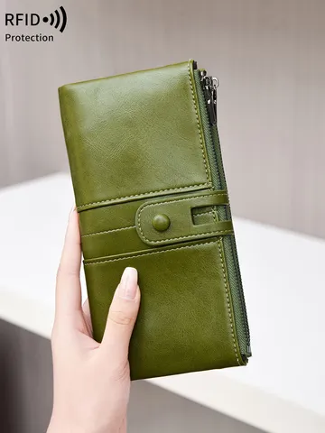 Portefeuille Long pour Femme avec Blocage RFID Double Fermeture Éclair Multi-Fentes Cuir PU Pochette Décontractée
