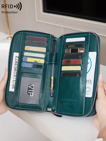 Portefeuille Long pour Femme Anti RFID Double Fermeture Éclair Cuir PU Grande Capacité Pochette de Voyage Porte Cartes