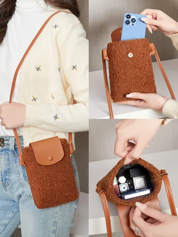 Femme Mignon Vintage Peluche Sac Téléphone PU Cuir Rabat Sac Bandoulière Décontracté Polyvalent Petit Sac Épaule