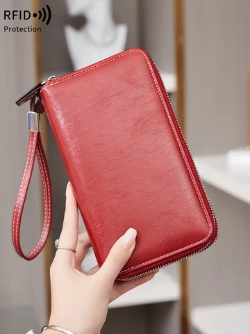Portefeuille Long pour Femme Anti RFID Double Fermeture Éclair Cuir PU Grande Capacité Pochette de Voyage Porte Cartes
