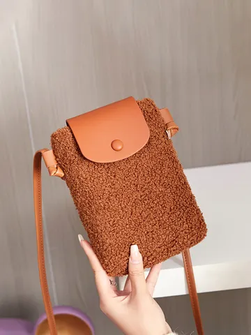 Femme Mignon Vintage Peluche Sac Téléphone PU Cuir Rabat Sac Bandoulière Décontracté Polyvalent Petit Sac Épaule