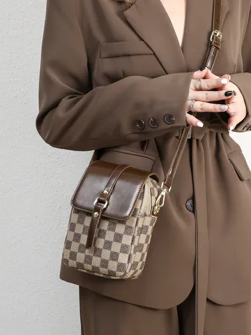Sac Bandoulière Rétro en Cuir PU pour Femmes Patchwork à Carreaux Vintage Bloc de Couleur Double Couche Sac Épaule Vertical