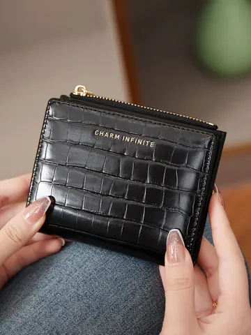 Portefeuille Court Bifold pour Femmes en Cuir PU Motif Crocodile Poche Monnaie Zippée Porte-Cartes de Mode