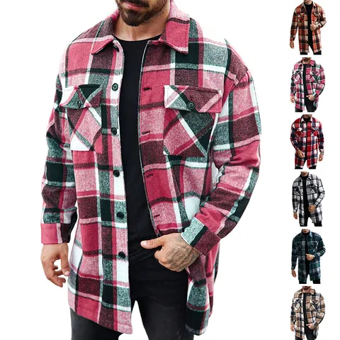 Men Long Plaid Shirt Jacket Single Breasted Lapel Collar Casual Flannel Texture Double Flap Pockets Outerwear Coat Polyester