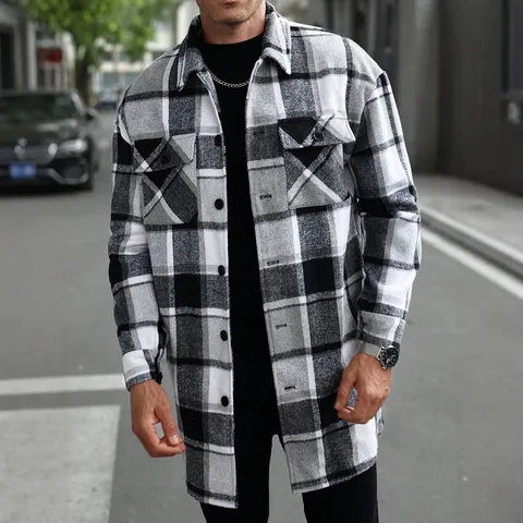 Men Long Plaid Shirt Jacket Single Breasted Lapel Collar Casual Flannel Texture Double Flap Pockets Outerwear Coat Polyester