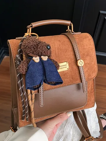 Women Vintage PU Leather Backpack Color Block Preppy Style Shoulder Bag With Bear Pendant Retro Fashion Casual Daypack