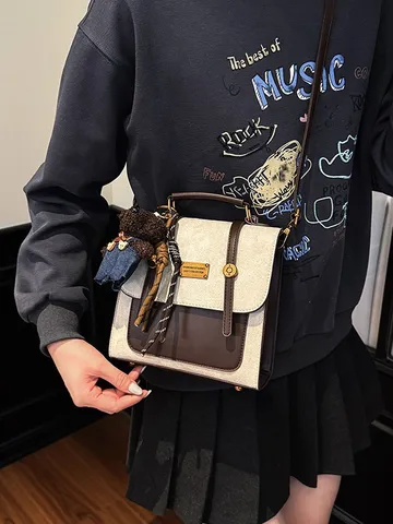 Women Vintage PU Leather Backpack Color Block Preppy Style Shoulder Bag With Bear Pendant Retro Fashion Casual Daypack